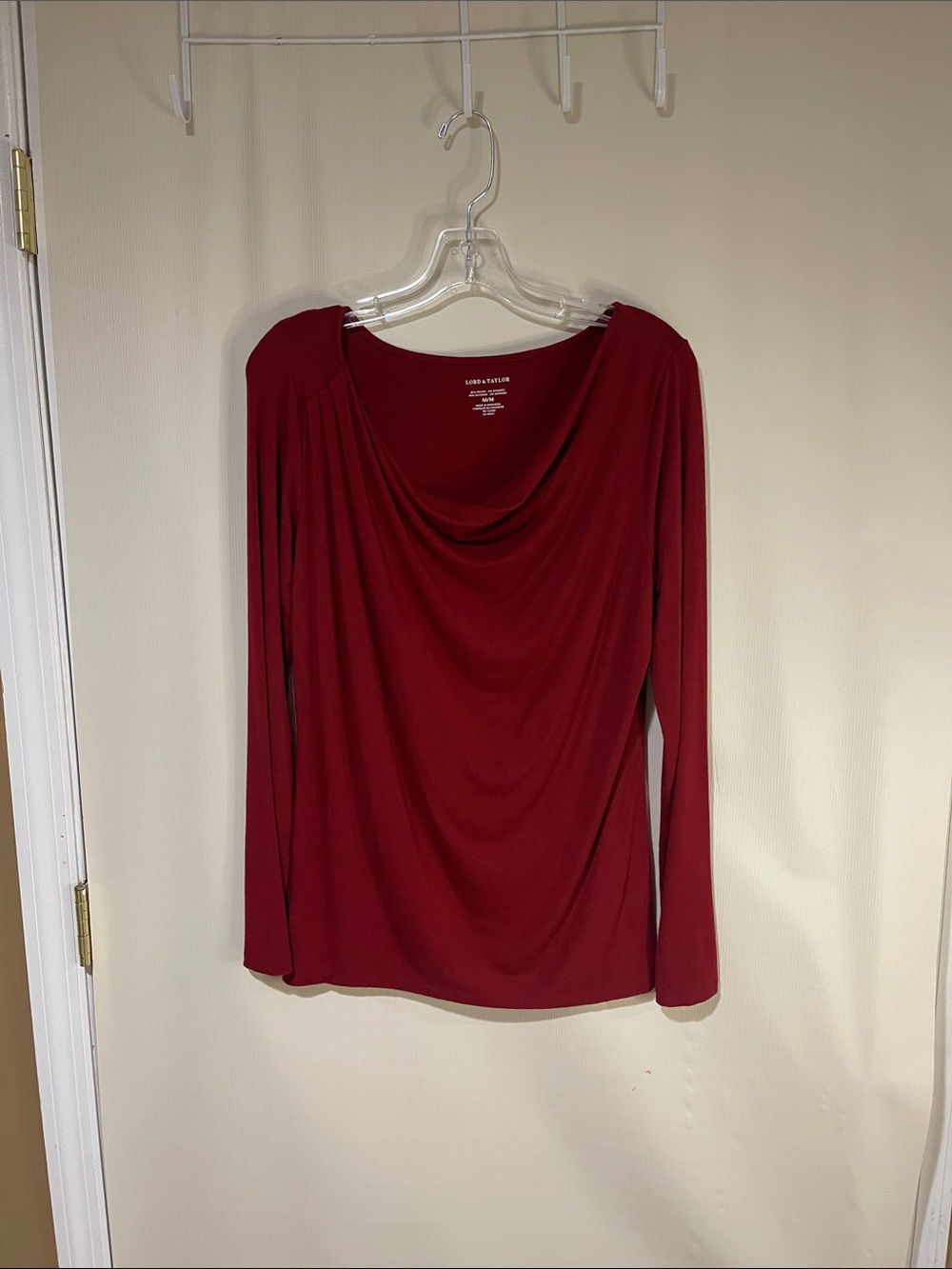 Lord & Taylor Red Draped Long-Sleeve Top Like New Condition